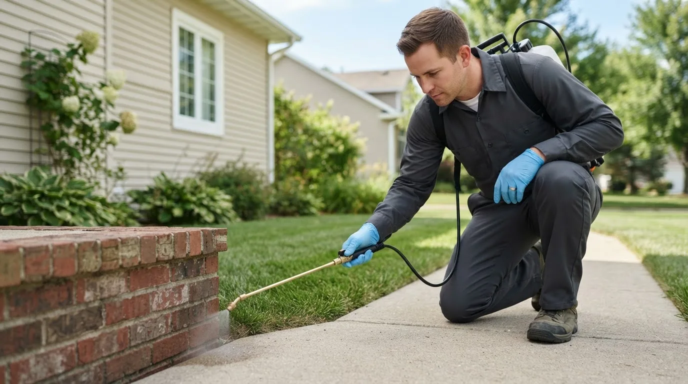 Pest control technician treating a home near Lachine, MI