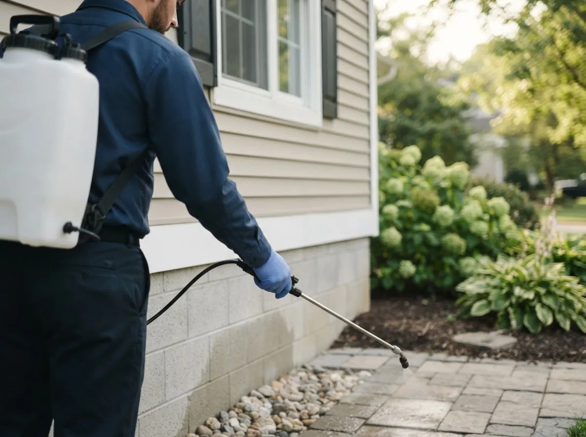 Pest control technician inspecting a home in Lachine, MI